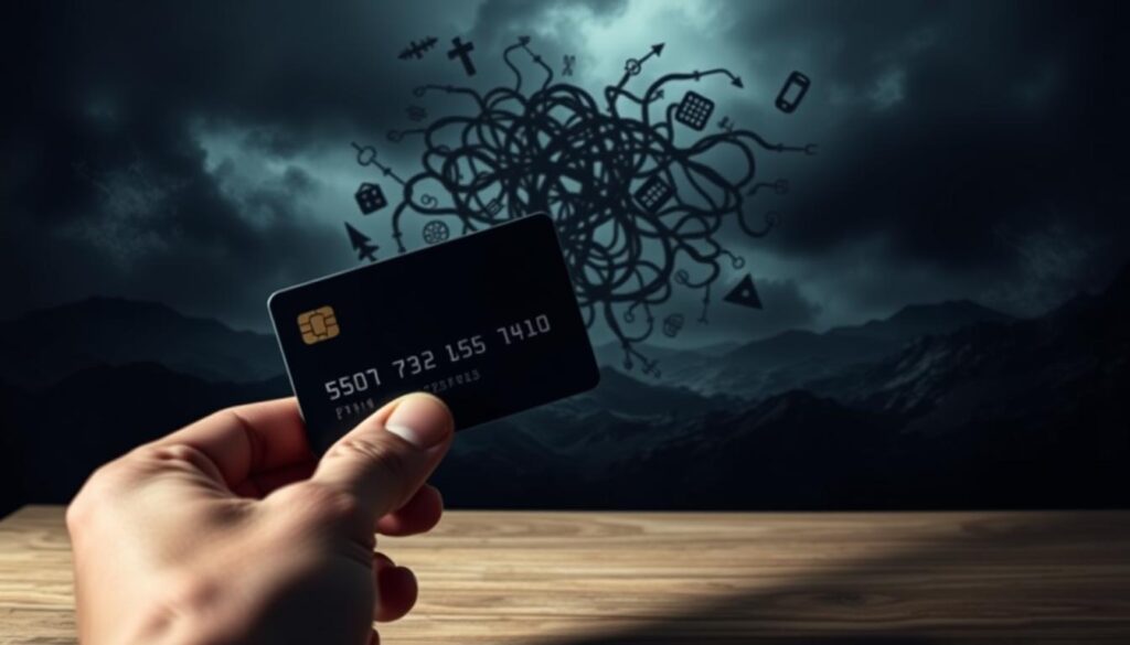 A dark, foreboding scene depicting the dangers of credit card usage. In the foreground, a shadowy figure holding a credit card, its edges sharp and threatening. In the middle ground, a tangled web of debt traps and financial pitfalls, represented by ominous symbols and shapes. In the background, a gloomy, turbulent landscape, hinting at the dire consequences of mismanaging credit. The lighting is dramatic, with harsh shadows and muted tones, creating a sense of unease and urgency. The overall composition conveys the gravity and peril of credit card misuse, a cautionary tale for the viewer. Uma cena sombria e ameaçadora retratando os perigos do uso de cartões de crédito. Em primeiro plano, uma figura sombria segurando um cartão de crédito, suas bordas afiadas e ameaçadoras. No meio, uma teia emaranhada de armadilhas de dívida e armadilhas financeiras, representadas por símbolos e formas sinistras. Ao fundo, uma paisagem sombria e turbulenta, sugerindo as consequências desastrosas da má gestão do crédito. A iluminação é dramática, com sombras fortes e tons apagados, criando uma sensação de inquietação e urgência. A composição geral transmite a gravidade e o perigo do mau uso do cartão de crédito, um aviso para o espectador.