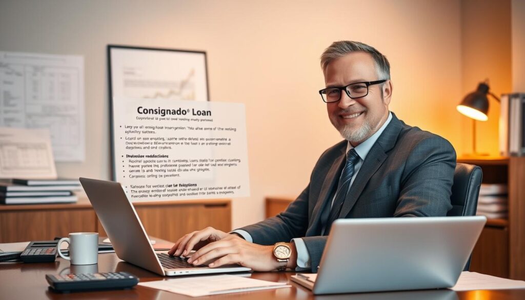 A neatly organized office setting, with a professional-looking man in a suit sitting at a desk and explaining the details of a consignado loan on a laptop screen. The lighting is warm and inviting, creating a sense of trust and reliability. The background features financial documents, a calculator, and other relevant office accessories, conveying the seriousness and importance of the transaction. The overall atmosphere is one of a knowledgeable financial advisor guiding the viewer through the intricacies of a consignado loan, providing a clear and informative visual representation of the concept.