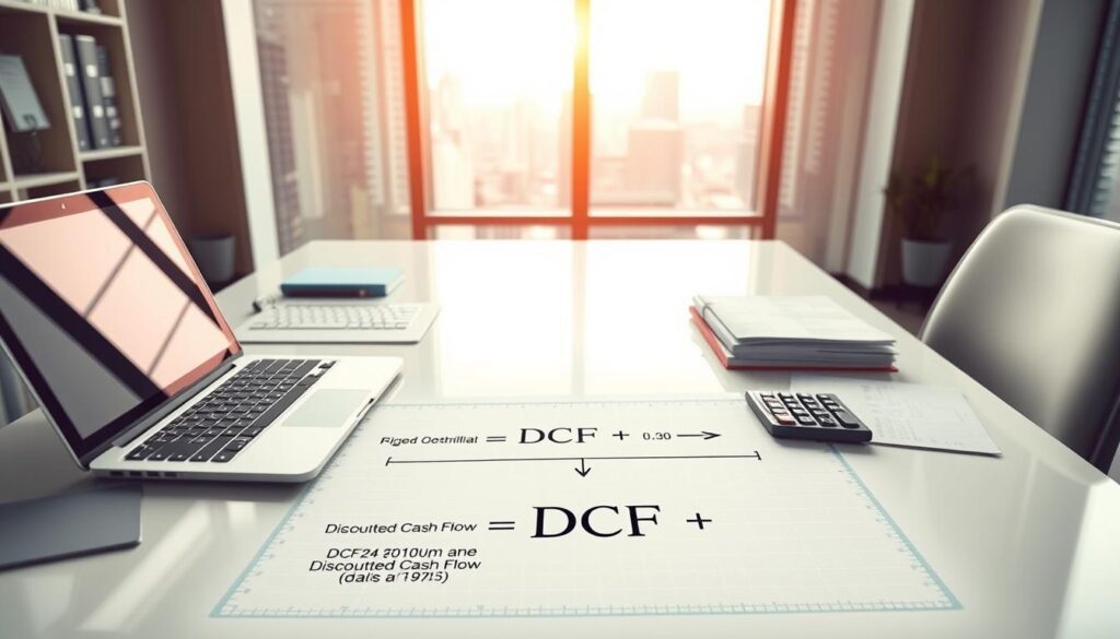 A serene office scene with a well-lit desk showcasing a laptop, calculator, and neatly organized financial documents. The background features a large window overlooking a cityscape, creating a sense of depth and natural illumination. The desktop is adorned with a subtle blueprint-style illustration depicting the discounted cash flow (DCF) formula, highlighting the key elements of this valuation technique. The overall mood is one of thoughtful analysis and financial diligence, inviting the viewer to explore the intricacies of the discounted cash flow method. Cena de escritório com foco em análise financeira: uma mesa organizada exibe laptop, calculadora e documentos ao lado de uma ilustração sutil da fórmula de fluxo de caixa descontado (FCD). A iluminação natural entra pela janela com vista urbana, transmitindo um ambiente de estudo e avaliação precisa no contexto do valuation de empresas.
