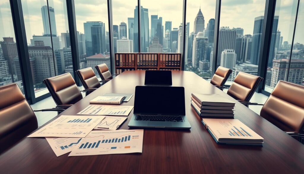 A sleek, modern office interior with large windows overlooking a bustling city skyline. In the foreground, a wooden conference table surrounded by leather office chairs, signifying a professional business setting. On the table, various financial documents, graphs, and a laptop display intricate calculations and data analysis related to corporate valuation. The middle ground features shelves of binders and ledgers, hinting at the extensive research and documentation involved in the valuation process. Soft, warm lighting creates a contemplative atmosphere, while the cityscape in the background suggests the broader economic context in which these evaluations take place. An air of precision, diligence, and strategic decision-making permeates the scene. Ambiente corporativo moderno com foco em avaliação empresarial: uma sala de conferência elegante com mesa de madeira e cadeiras de couro exibe documentos financeiros e um laptop com cálculos complexos de valuation. Ao fundo, estantes com livros contábeis reforçam a ideia de análise detalhada. A iluminação quente e a vista urbana pelas janelas trazem um senso de estratégia e conexão com o cenário econômico.