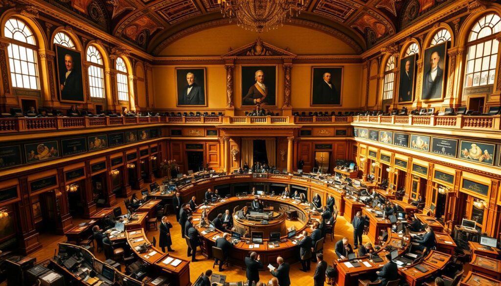 A vast, ornate trading floor of a historic stock exchange, bathed in warm, golden light filtering through arched windows. Rows of wooden desks and ornate brass fixtures evoke a bygone era of financial transactions. In the center, a grand, circular trading pit bustles with a flurry of activity as smartly dressed brokers shout orders, their gestures animated and urgent. The walls are adorned with intricate moldings and framed portraits of esteemed financiers from centuries past, their stern gazes presiding over the scene. An air of prestige and tradition permeates the space, reflecting the long, storied history of this hallowed institution of global finance. A vast, ornate trading floor of a historic stock exchange, bathed in warm, golden light filtering through arched windows. Rows of wooden desks and ornate brass fixtures evoke a bygone era of financial transactions. In the center, a grand, circular trading pit bustles with a flurry of activity as smartly dressed brokers shout orders, their gestures animated and urgent. The walls are adorned with intricate moldings and framed portraits of esteemed financiers from centuries past, their stern gazes presiding over the scene. An air of prestige and tradition permeates the space, reflecting the long, storied history of this hallowed institution of global finance.