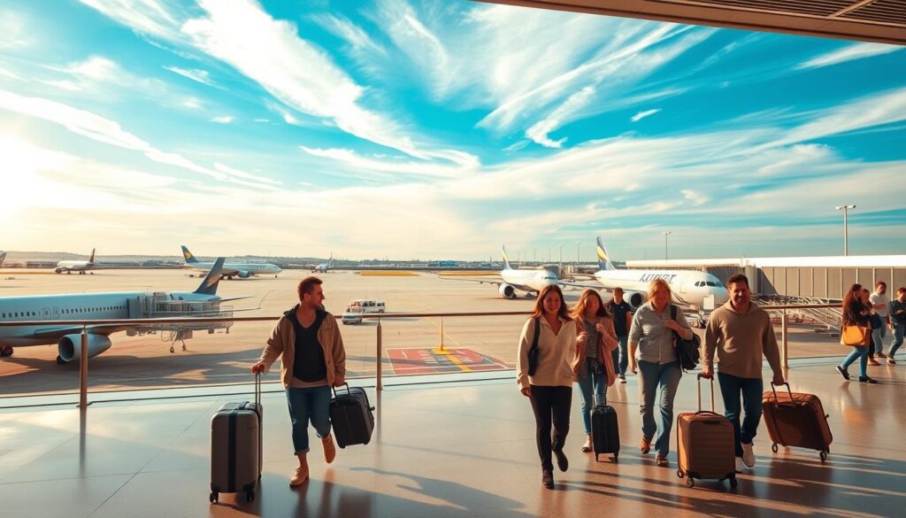 A bustling airport terminal with a panoramic view of the tarmac, where a lineup of sleek, modern airplanes await their passengers. In the foreground, a group of travelers navigates the concourse, their luggage in tow, their expressions a mix of excitement and anticipation. The middle ground is bathed in warm, golden lighting, casting a cozy glow over the scene. In the background, the sky is a vibrant, azure blue, with wispy clouds drifting lazily overhead. The overall atmosphere conveys a sense of efficiency, comfort, and the thrill of embarking on a new journey, all while maintaining a budget-friendly approach to international travel. A bustling airport terminal with a panoramic view of the tarmac, where a lineup of sleek, modern airplanes await their passengers. In the foreground, a group of travelers navigates the concourse, their luggage in tow, their expressions a mix of excitement and anticipation. The middle ground is bathed in warm, golden lighting, casting a cozy glow over the scene. In the background, the sky is a vibrant, azure blue, with wispy clouds drifting lazily overhead. The overall atmosphere conveys a sense of efficiency, comfort, and the thrill of embarking on a new journey, all while maintaining a budget-friendly approach to international travel.