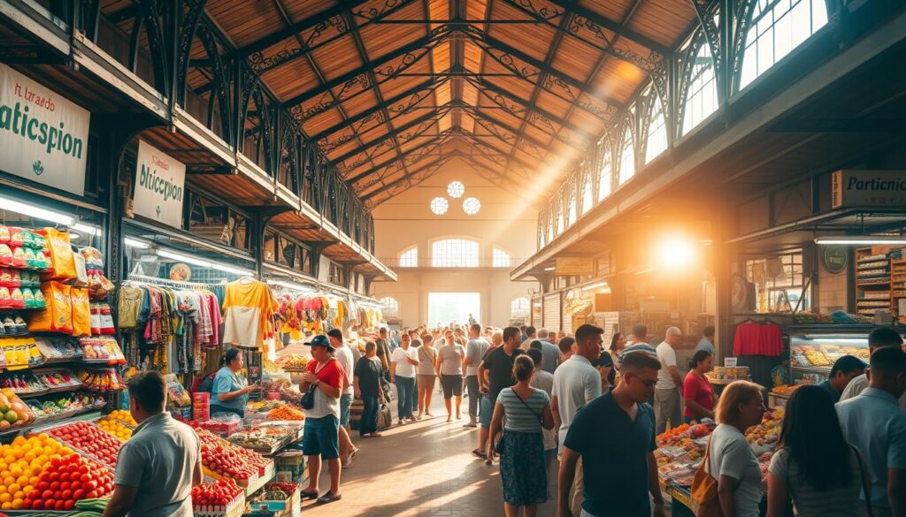A bustling mercado (market) filled with vibrant stalls, brimming with an array of goods and people engaged in lively exchanges. The scene is bathed in warm, golden sunlight filtering through the canopy above, casting a soft, inviting glow. In the foreground, colorful displays of fresh produce, artisanal wares, and vendors enthusiastically promoting their wares. The middle ground features a diverse crowd of shoppers, locals, and merchants navigating the lively aisles, creating a sense of energy and activity. In the background, the architectural elements of the mercado come into focus, showcasing its unique design and historical significance. The overall atmosphere conveys a sense of community, tradition, and the dynamic nature of emerging trends and economic opportunities. A bustling mercado (market) filled with vibrant stalls, brimming with an array of goods and people engaged in lively exchanges. The scene is bathed in warm, golden sunlight filtering through the canopy above, casting a soft, inviting glow. In the foreground, colorful displays of fresh produce, artisanal wares, and vendors enthusiastically promoting their wares. The middle ground features a diverse crowd of shoppers, locals, and merchants navigating the lively aisles, creating a sense of energy and activity. In the background, the architectural elements of the mercado come into focus, showcasing its unique design and historical significance. The overall atmosphere conveys a sense of community, tradition, and the dynamic nature of emerging trends and economic opportunities.
