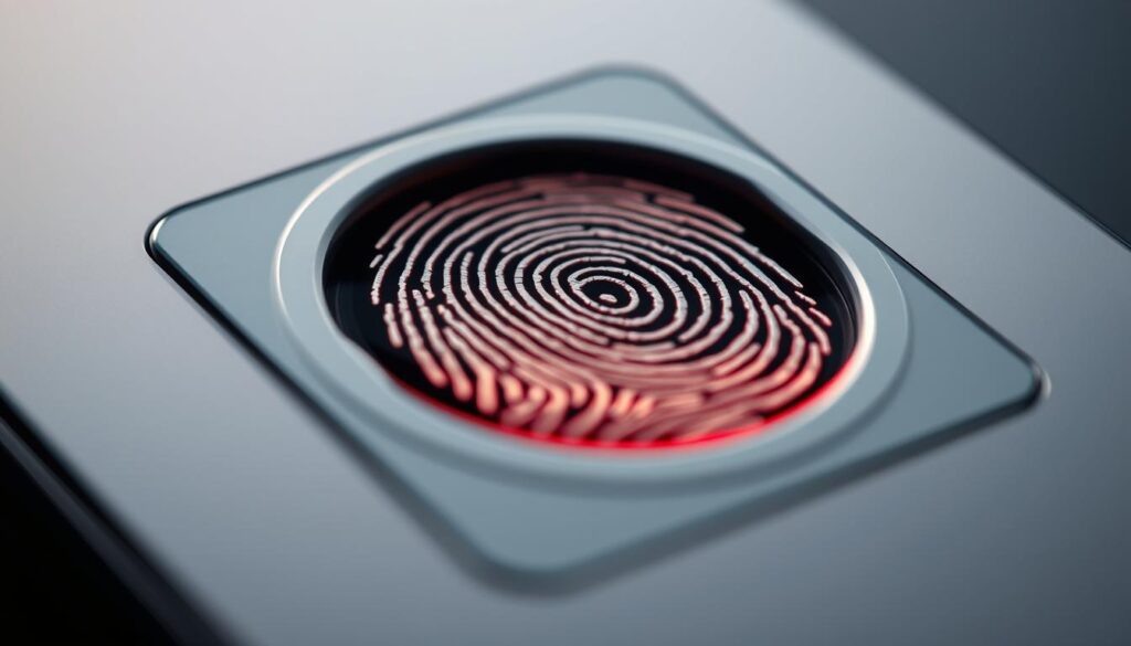A close-up view of a fingerprint scanner on a sleek, modern device. The fingerprint is the central focus, rendered in high detail with intricate ridges and whorls. The scanner is embedded in a minimalist, metallic housing with clean lines and a subtle glow. Soft, directional lighting highlights the texture and depth of the fingerprint, creating a sense of depth and dimensionality. The overall composition conveys a sense of security, precision, and technological sophistication, reflecting the importance of biometric authentication in modern multi-factor authentication systems.
