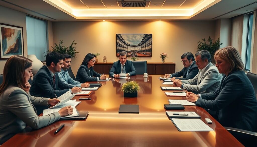 A negotiation meeting room with a large conference table, chairs, and business people discussing debt renegotiation. The lighting is warm and professional, with a sense of serious discussion and problem-solving. The room is well-appointed, with wall art, plants, and technological equipment suggesting a corporate setting. The participants are engaged, with expressions of concentration and concern as they review documents and consider solutions. An atmosphere of careful deliberation and a desire to find a mutually beneficial outcome pervades the scene.