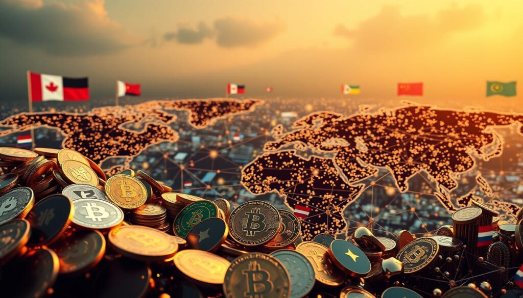 A panoramic view of a global cryptocurrency ecosystem, with digital assets, blockchain networks, and regulatory frameworks harmoniously coexisting. The foreground features a diverse array of cryptocurrencies, tokens, and DeFi protocols, rendered in intricate detail with a metallic sheen. The middle ground depicts interconnected blockchain platforms, secured by nodes and consensus mechanisms. In the background, national flags and governmental seals symbolize the ongoing efforts to establish international standards and oversight for the rapidly evolving crypto landscape. The scene is bathed in a warm, golden light, conveying a sense of progress and collaboration toward a unified, regulated digital finance ecosystem.