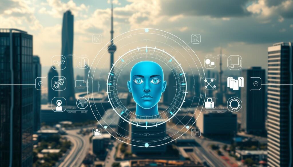 Autenticação multifator em um ambiente digital dinâmico e futurista. No centro, uma interface de identificação biométrica avançada, com escaneamento de íris e reconhecimento facial, rodeada por ícones de segurança cibernética e padrões geométricos. Ao fundo, uma paisagem tecnológica com prédios modernos, torres de comunicação e uma atmosfera azulada, transmitindo a sensação de uma cidade inteligente e conectada. Iluminação suave e sombras sutis criam uma sensação de profundidade e realismo. A composição sugere a integração perfeita entre tecnologia e segurança, representando as tendências avançadas em autenticação multifator.