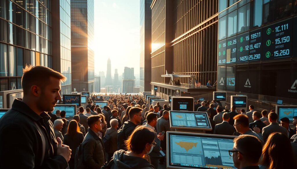 A bustling cryptocurrency market, sunlight streaming through towering glass facades, illuminating the sleek, modern architecture. In the foreground, a diverse array of digital asset traders intently monitoring their screens, faces aglow with the digital tickers. Amidst the activity, a sense of cautious optimism as investors weigh their options, seeking to diversify their crypto portfolios. The middle ground showcases an array of interactive digital kiosks, where users can seamlessly manage their digital assets. In the background, a panoramic view of the city skyline, a testament to the integration of cryptocurrency into the urban landscape. A cinematic, high-contrast scene, capturing the dynamism and potential of the evolving cryptocurrency market.