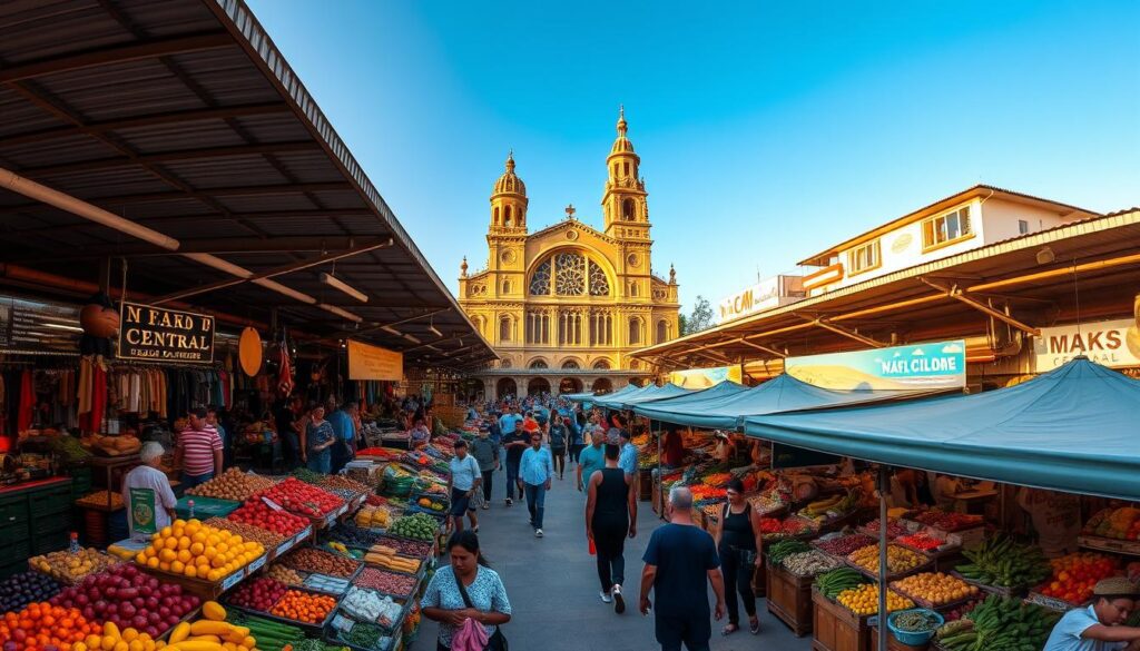 A bustling panoramic view of the vibrant Mercado Central in the heart of Brazil, bathed in warm golden sunlight. In the foreground, rows of colorful stalls offering a tantalizing array of fresh produce, artisanal goods, and local delicacies. In the middle ground, shoppers and vendors mingle amidst the lively atmosphere, creating a tapestry of activity. The background reveals the distinctive architecture of the market, with its towering arched roof and intricate details, set against a clear, azure sky. The scene conveys a sense of energy, community, and the thriving momentum of the Brazilian economy's embrace of sustainable, ethical business practices. A bustling panoramic view of the vibrant Mercado Central in the heart of Brazil, bathed in warm golden sunlight. In the foreground, rows of colorful stalls offering a tantalizing array of fresh produce, artisanal goods, and local delicacies. In the middle ground, shoppers and vendors mingle amidst the lively atmosphere, creating a tapestry of activity. The background reveals the distinctive architecture of the market, with its towering arched roof and intricate details, set against a clear, azure sky. The scene conveys a sense of energy, community, and the thriving momentum of the Brazilian economy's embrace of sustainable, ethical business practices.