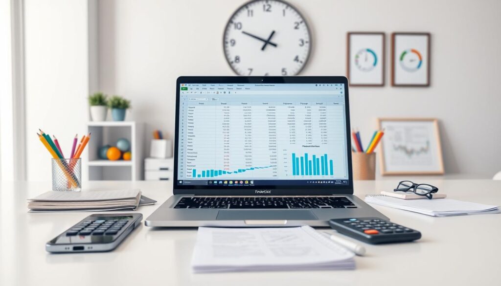 A clean and modern office desktop with a laptop, a smartphone, and a calculator arranged neatly. In the foreground, an open spreadsheet on the laptop screen, displaying various financial data and charts. The middle ground features a collection of colorful office supplies and a financial planner notebook. The background showcases a minimalist wall with a large clock and a few framed financial graphs. The lighting is soft and even, creating a productive and organized atmosphere. The overall scene conveys a sense of control, planning, and effective financial management.