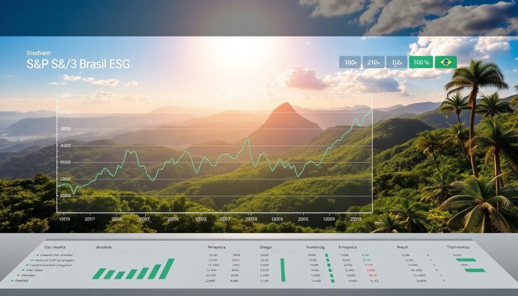 A detailed financial chart showcasing the S&P/B3 Brasil ESG index, set against the backdrop of the vibrant Brazilian landscape. The chart is displayed on a sleek, minimalist dashboard, with clean typography and a polished, professional aesthetic. The foreground features a dynamic line graph tracing the index's performance, while the middle ground showcases key data points and analytics. In the background, a lush, verdant panorama of rolling hills, tropical foliage, and a brilliant, sun-dappled sky creates a sense of place and national pride. The overall composition conveys a message of sustainable, responsible investing in the thriving Brazilian market. A detailed financial chart showcasing the S&P/B3 Brasil ESG index, set against the backdrop of the vibrant Brazilian landscape. The chart is displayed on a sleek, minimalist dashboard, with clean typography and a polished, professional aesthetic. The foreground features a dynamic line graph tracing the index's performance, while the middle ground showcases key data points and analytics. In the background, a lush, verdant panorama of rolling hills, tropical foliage, and a brilliant, sun-dappled sky creates a sense of place and national pride. The overall composition conveys a message of sustainable, responsible investing in the thriving Brazilian market.