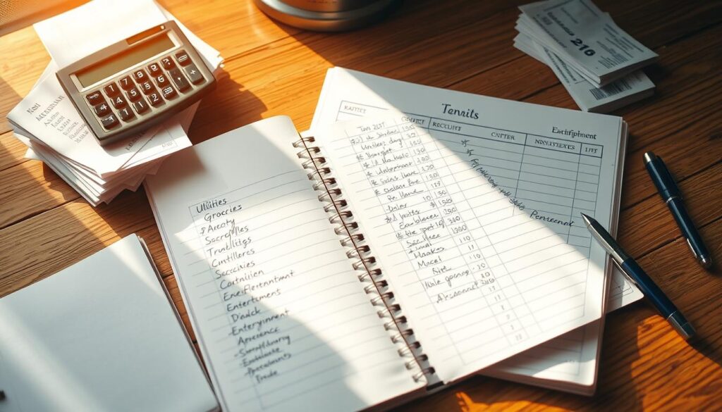 A detailed, neatly organized personal budget ledger laid out on a wooden desk, illuminated by warm, natural lighting. The ledger features carefully handwritten entries, categorized into distinct sections like "Rent", "Utilities", "Groceries", and "Entertainment". Stacks of receipts, a calculator, and a pen rest nearby, conveying a sense of diligent financial planning. The overall mood is one of thoughtful organization and control over one's financial situation.