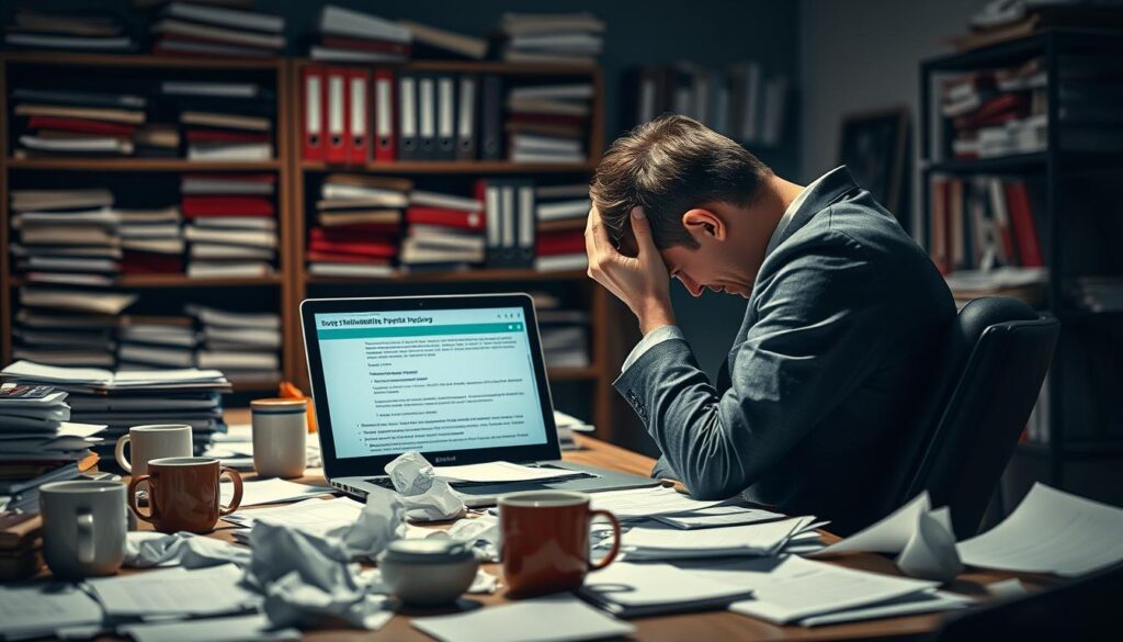 A dimly lit office setting, the focus on a cluttered desk covered in crumpled papers, coffee mugs, and a laptop displaying an error-filled sustainability report. In the foreground, a frustrated business executive leans back in their chair, head in hands, exasperated by the myriad of mistakes and inconsistencies. The middle ground features shelves overflowing with binders and files, hinting at the complexity of the reporting process. The background is softly blurred, emphasizing the attention on the central figure and the problematic report. Dramatic side lighting casts deep shadows, creating a moody, tense atmosphere befitting the subject matter. A dimly lit office setting, the focus on a cluttered desk covered in crumpled papers, coffee mugs, and a laptop displaying an error-filled sustainability report. In the foreground, a frustrated business executive leans back in their chair, head in hands, exasperated by the myriad of mistakes and inconsistencies. The middle ground features shelves overflowing with binders and files, hinting at the complexity of the reporting process. The background is softly blurred, emphasizing the attention on the central figure and the problematic report. Dramatic side lighting casts deep shadows, creating a moody, tense atmosphere befitting the subject matter.