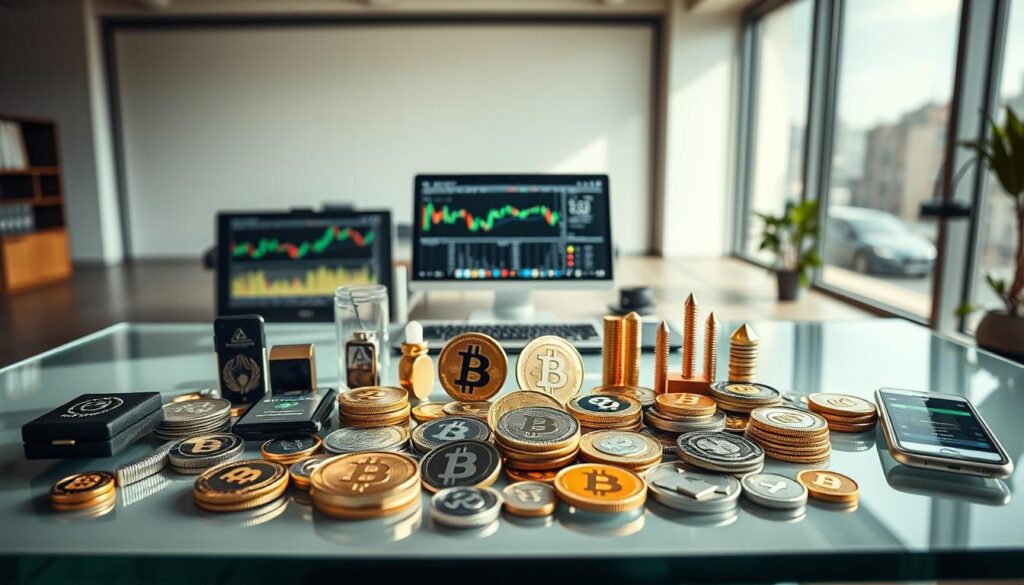 A diverse portfolio of cryptocurrencies displayed on a sleek glass table, illuminated by soft, natural light filtering through large windows. In the foreground, various digital wallets, hardware devices, and analytical charts showcase the breadth of crypto assets. The middle ground features a minimalist desktop setup, with a laptop displaying real-time market data and a smartphone displaying a mobile trading app. The background is a serene, modern office space, hinting at the professional and responsible approach to managing a diversified cryptocurrency portfolio.