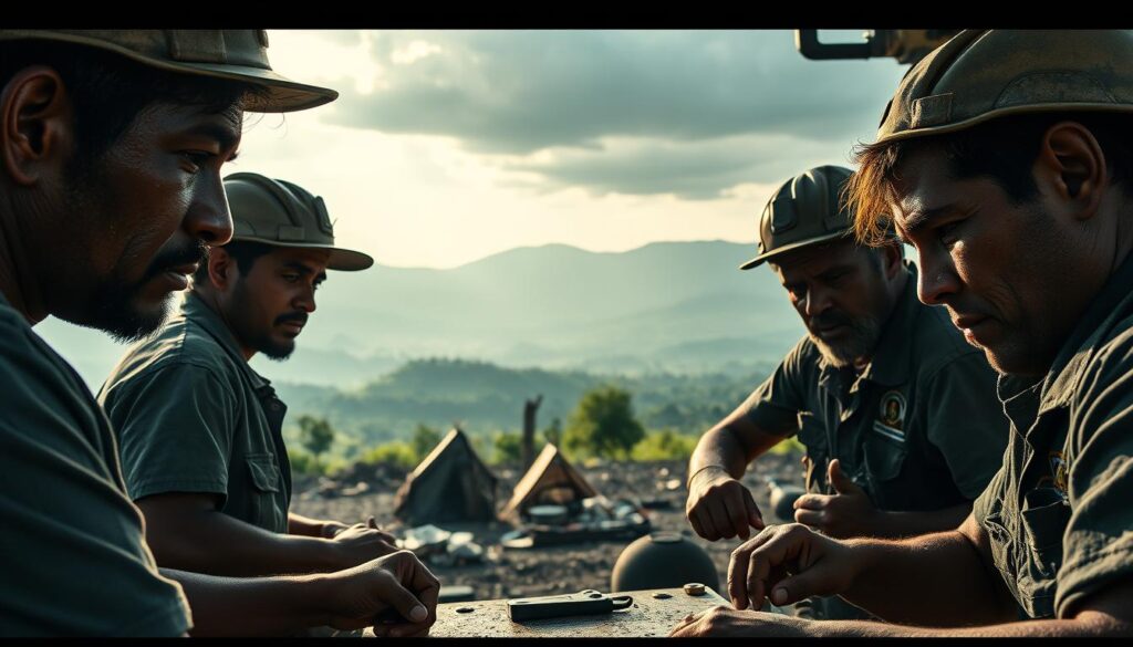 A group of Brazilian miners, hardworking individuals, toiling beneath the sun in a remote, rugged landscape. Sweat glistens on their brows as they operate heavy machinery, extracting valuable resources from the earth. In the middle ground, a makeshift camp with tents and tools, reflecting the challenging, off-the-grid nature of their work. The background is a panoramic vista of rolling hills, lush greenery, and a hazy, atmospheric sky, conveying a sense of the vast, untamed wilderness in which they operate. Cinematic lighting casts dramatic shadows, heightening the intensity and dedication of their labors. This scene captures the resilience and perseverance of Brazilian miners, the backbone of the nation's resource extraction industry.