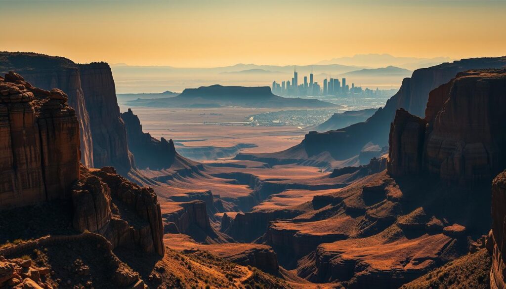 A high-contrast, wide-angle landscape showcasing the dramatic topography of the United States, with rugged mountain ranges, sweeping plains, and vast expanses of land. The scene is bathed in warm, golden light, creating an atmosphere of power and grandeur. In the foreground, towering rock formations and canyons dominate the view, hinting at the geological forces that have shaped this land over millennia. The middle ground features rolling hills and sprawling prairies, with sparse vegetation and a sense of vastness. In the distant background, the silhouettes of towering skyscrapers and urban skylines emerge, representing the economic and technological might of the country. The overall composition conveys a sense of scale, power, and the complex interplay between the natural and built environments that define the macroeconomic landscape of the United States.