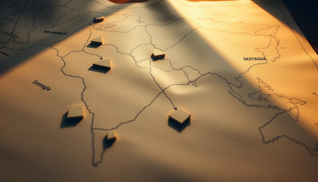 A meticulously crafted strategy map unfurls, its intricate pathways etched in bold lines against a muted background. Geometric shapes, representing key strategic elements, are arrayed with precision, their edges casting sharp shadows that convey a sense of focus and intentionality. The composition is balanced, with a clear hierarchy of information, guiding the viewer's eye through the strategic landscape. Warm, directional lighting from the upper left illuminates the scene, casting a contemplative mood, while the depth of field creates a sense of depth and dimensionality. This image embodies the essence of "estratégia" - a thoughtful, structured approach to navigating complex challenges, providing a steadfast antidote to impulsive decision-making. A meticulously crafted strategy map unfurls, its intricate pathways etched in bold lines against a muted background. Geometric shapes, representing key strategic elements, are arrayed with precision, their edges casting sharp shadows that convey a sense of focus and intentionality. The composition is balanced, with a clear hierarchy of information, guiding the viewer's eye through the strategic landscape. Warm, directional lighting from the upper left illuminates the scene, casting a contemplative mood, while the depth of field creates a sense of depth and dimensionality. This image embodies the essence of "estratégia" - a thoughtful, structured approach to navigating complex challenges, providing a steadfast antidote to impulsive decision-making.