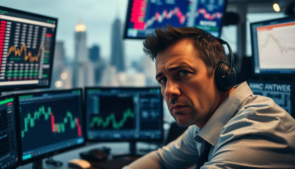 A pensive trader sits at a trading desk, surrounded by screens displaying complex financial data. The lighting is subdued, creating a contemplative atmosphere. In the foreground, the trader's face reflects a mix of concentration and concern, underscoring the psychological challenges of the profession. The middle ground features various trading tools and analytical charts, hinting at the mental acuity required to navigate the markets. In the background, a blurred cityscape suggests the broader economic landscape that shapes the trader's decisions. The overall composition conveys the delicate balance between emotional control, strategic thinking, and the constant pressure of the trading environment.