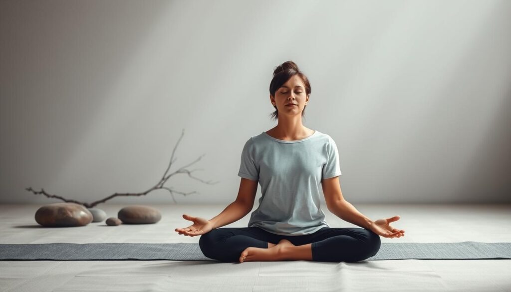 A serene and tranquil scene of a person practicing conscious breathing and strategic pauses. The foreground depicts a person sitting in a meditative pose, their eyes gently closed as they deeply inhale and exhale, their expression one of focused calm. The middle ground showcases a minimalist, zen-inspired setting with natural elements like smooth stones, a single branch, and muted tones. The background is hazy, with soft, diffused lighting creating a sense of peaceful isolation, encouraging the viewer to enter a state of mindful introspection. The overall atmosphere is one of grounded, restorative stillness, resonating with the techniques for managing anxiety in the practice of trading.