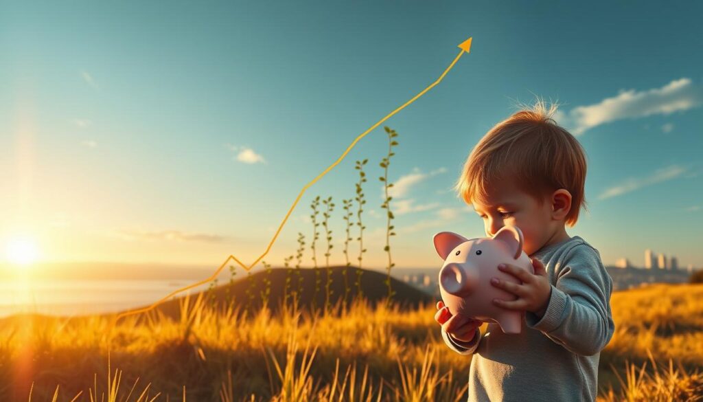 A serene financial landscape, bathed in warm golden light, showcases the power of compound interest over the long term. In the foreground, a young child holds a piggy bank, symbolizing the early start to financial planning. In the middle ground, a graph depicting the exponential growth of compounded returns unfolds, its lines curving upward like vines climbing towards a bright future. In the background, a tranquil cityscape fades into the horizon, hinting at the generational wealth that can be built through patient, thoughtful investment. The overall atmosphere conveys a sense of optimism, opportunity, and the transformative impact of time on financial well-being.