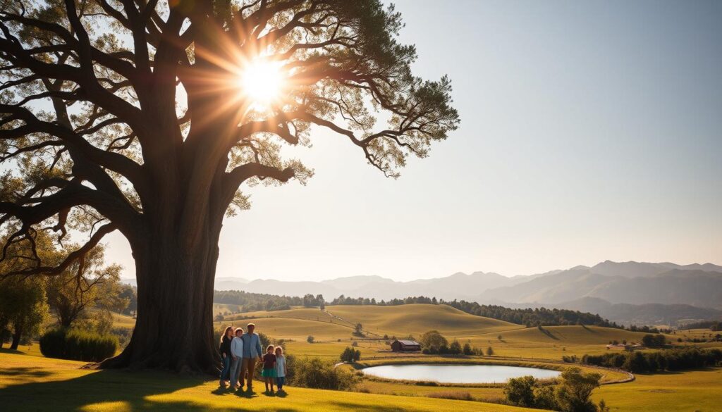 A serene landscape of rolling hills and lush greenery, with a sun-drenched sky above. In the foreground, a robust, towering oak tree stands tall, its branches reaching skyward, symbolizing the strength and resilience needed to withstand economic challenges. Beneath the tree, a family gathers, their faces reflecting a sense of calm and security, shielded from the harsh realities of inflation and high interest rates. The middle ground features a tranquil pond, its still waters mirroring the tranquility of the scene. In the background, a range of majestic mountains rise, conveying a sense of enduring stability and protection. The lighting is warm and golden, creating a sense of comfort and optimism, guiding the viewer towards a path of financial security and preservation of capital.