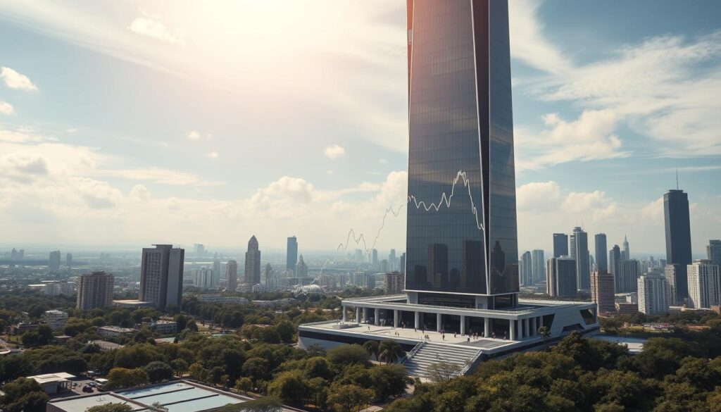 A serene landscape with a central focus on a towering, gleaming edifice representing the capitalização mercado. The building stands tall, its sleek glass facade reflecting the surrounding environment. In the foreground, a bustling trading floor can be seen through the windows, with traders and analysts at work. The middle ground features a stylized graph or chart illustrating market trends and data, while the background showcases a cityscape of skyscrapers and financial institutions. The overall scene conveys a sense of power, stability, and the vital role of market capitalization in shaping the landscape of the financial world.
