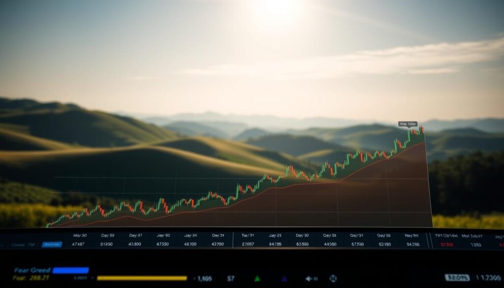 A serene landscape with a rolling hills and a clear sky in the background. In the foreground, a stock market graph or chart representing the "Fear and Greed Index" for cryptocurrencies, with various colors and indicators showing the current market sentiment. The chart is displayed on a sleek, modern digital display or dashboard, with minimal UI elements. The lighting is soft and natural, creating a sense of calm and clarity. The overall composition conveys a sense of balance between the volatile nature of the cryptocurrency market and the need for rational, data-driven decision-making. A serene landscape with a rolling hills and a clear sky in the background. In the foreground, a stock market graph or chart representing the "Fear and Greed Index" for cryptocurrencies, with various colors and indicators showing the current market sentiment. The chart is displayed on a sleek, modern digital display or dashboard, with minimal UI elements. The lighting is soft and natural, creating a sense of calm and clarity. The overall composition conveys a sense of balance between the volatile nature of the cryptocurrency market and the need for rational, data-driven decision-making.
