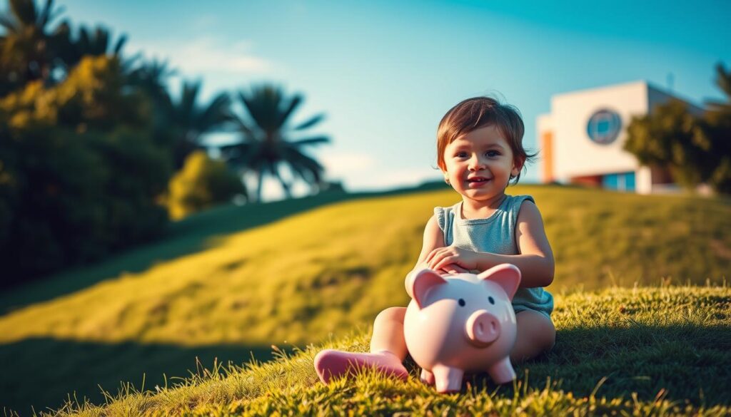 A serene landscape with a young child sitting on a grassy knoll, surrounded by lush greenery and a clear blue sky. The child is holding a piggy bank, symbolizing the concept of long-term private pension for children. In the background, a modern building with a financial institution's logo represents the trusted institution managing the pension plan. Soft, warm lighting illuminates the scene, conveying a sense of security and stability. The overall composition suggests the idea of "Ideia de presente: previdência privada infantil com foco no longo prazo" - a financial gift for the child's future.