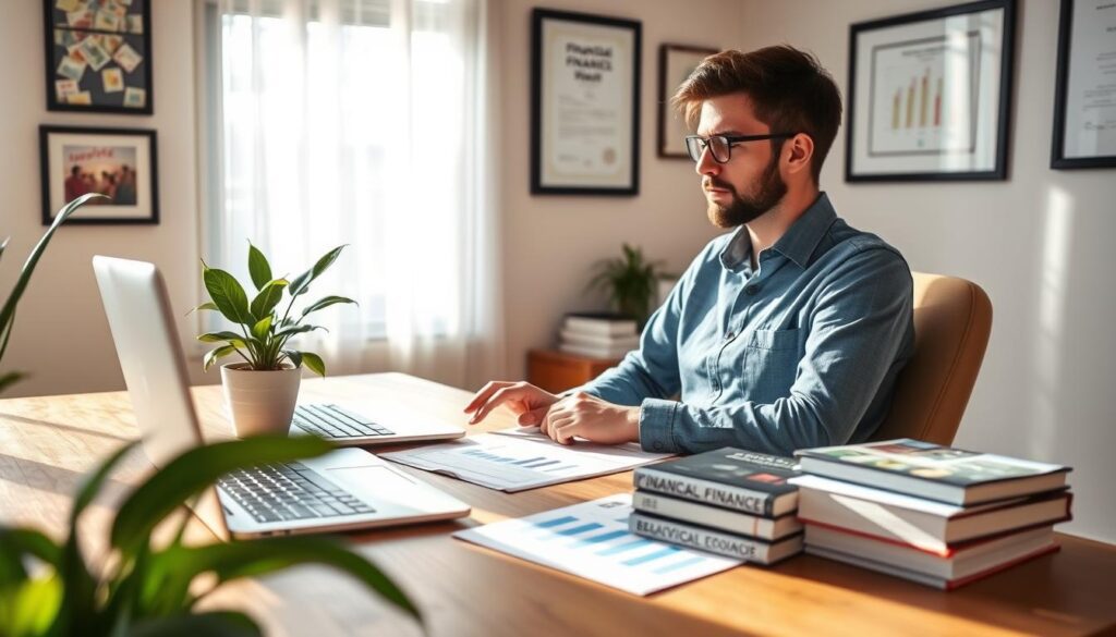 A serene office scene with a wooden desk, a potted plant, and a laptop. On the desk, there are financial charts, graphs, and a stack of books about personal finance and behavioral economics. The walls are decorated with framed certificates and diplomas, hinting at the subject's expertise in financial psychology. Soft, natural lighting filters through the window, creating a warm and inviting atmosphere. The overall composition conveys a sense of thoughtfulness, knowledge, and the pursuit of financial well-being. A serene office scene with a wooden desk, a potted plant, and a laptop. On the desk, there are financial charts, graphs, and a stack of books about personal finance and behavioral economics. The walls are decorated with framed certificates and diplomas, hinting at the subject's expertise in financial psychology. Soft, natural lighting filters through the window, creating a warm and inviting atmosphere. The overall composition conveys a sense of thoughtfulness, knowledge, and the pursuit of financial well-being.