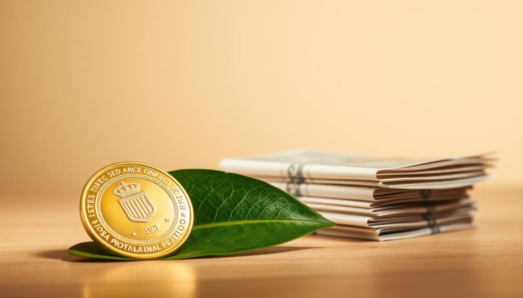 A serene still life depicting the "Tesouro IPCA+ Proteção contra Inflação", a financial instrument designed to safeguard against the ravages of inflation. In the foreground, a gleaming gold coin or medal rests upon a lush green leaf, symbolizing the preservation of purchasing power. The mid-ground features a stack of government bonds or certificates, their surfaces polished and reflective, hinting at the stability and security they provide. The background is a soft, muted gradient, creating a sense of timelessness and tranquility, underscoring the long-term nature of this investment strategy. Warm, diffuse lighting casts gentle shadows, lending an air of understated elegance to the composition. The overall mood is one of confidence, reliability, and protection against the erosion of one's hard-earned savings. A serene still life depicting the "Tesouro IPCA+ Proteção contra Inflação", a financial instrument designed to safeguard against the ravages of inflation. In the foreground, a gleaming gold coin or medal rests upon a lush green leaf, symbolizing the preservation of purchasing power. The mid-ground features a stack of government bonds or certificates, their surfaces polished and reflective, hinting at the stability and security they provide. The background is a soft, muted gradient, creating a sense of timelessness and tranquility, underscoring the long-term nature of this investment strategy. Warm, diffuse lighting casts gentle shadows, lending an air of understated elegance to the composition. The overall mood is one of confidence, reliability, and protection against the erosion of one's hard-earned savings.