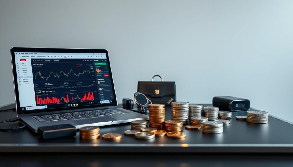 A sleek, minimalist portfolio of cryptocurrencies displayed on a modern, metallic-accented desk. In the foreground, a laptop screen showcases a well-organized dashboard with real-time data, charts, and analytics. Surrounding it, a selection of hardware wallets, ledgers, and security devices convey a sense of responsible asset management. The middle ground features carefully stacked physical coins and tokens, their surfaces gleaming under cool, indirect lighting. In the background, a seamless, gradient-tinted wall emphasizes the professional, institutional ambiance. The overall composition exudes a harmonious balance of technology, security, and strategic investment.