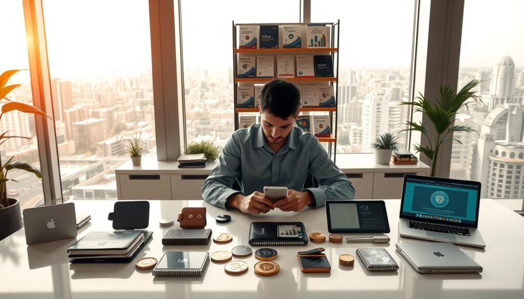 A sunny, modern office setting with a clean, minimalist aesthetic. In the foreground, a person sits at a desk, carefully examining different types of cryptocurrency wallets laid out in front of them. The wallets range from sleek, metal hardware devices to simple software wallets on a laptop screen. In the middle ground, shelves display informative brochures and guides on wallet selection, security, and usage. The background features large windows with a view of the bustling city of São Paulo, Brazil, conveying a sense of professionalism and the importance of making informed financial decisions. Warm, natural lighting illuminates the scene, creating a welcoming and trustworthy atmosphere.