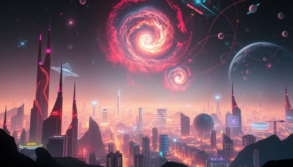 A surreal, vibrant landscape depicting the metaverse. In the foreground, a shimmering, futuristic city with towering skyscrapers and floating structures, illuminated by neon lights and holographic displays. In the middle ground, a vast, interconnected network of virtual worlds and platforms, represented by glowing portals and data streams. In the background, a mesmerizing skyscape with swirling galaxies, luminous nebulae, and portentous celestial phenomena. The scene conveys a sense of boundless digital exploration, technological innovation, and the boundless potential of the metaverse. Dramatic cinematic lighting, with dramatic contrasts and a moody, atmospheric color palette. A surreal, vibrant landscape depicting the metaverse. In the foreground, a shimmering, futuristic city with towering skyscrapers and floating structures, illuminated by neon lights and holographic displays. In the middle ground, a vast, interconnected network of virtual worlds and platforms, represented by glowing portals and data streams. In the background, a mesmerizing skyscape with swirling galaxies, luminous nebulae, and portentous celestial phenomena. The scene conveys a sense of boundless digital exploration, technological innovation, and the boundless potential of the metaverse. Dramatic cinematic lighting, with dramatic contrasts and a moody, atmospheric color palette.