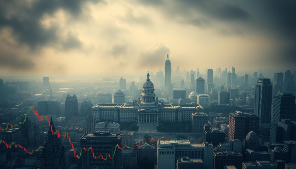 A sweeping financial landscape of rising interest rates, soaring inflation, and the volatility of the market. In the foreground, a tangle of fluctuating stock charts and financial data, conveying the complex and ever-changing nature of the current economic climate. In the middle ground, a series of government buildings and financial institutions, their facades reflecting the uncertainty and turbulence of the times. In the distant background, a hazy, fog-shrouded cityscape, symbolizing the broader economic outlook and the need for long-term strategies to navigate these challenging conditions. Moody lighting casts deep shadows, creating a sense of unease and the weight of economic pressures. The overall composition evokes the gravity of the situation and the importance of thoughtful, long-term financial planning. A sweeping financial landscape of rising interest rates, soaring inflation, and the volatility of the market. In the foreground, a tangle of fluctuating stock charts and financial data, conveying the complex and ever-changing nature of the current economic climate. In the middle ground, a series of government buildings and financial institutions, their facades reflecting the uncertainty and turbulence of the times. In the distant background, a hazy, fog-shrouded cityscape, symbolizing the broader economic outlook and the need for long-term strategies to navigate these challenging conditions. Moody lighting casts deep shadows, creating a sense of unease and the weight of economic pressures. The overall composition evokes the gravity of the situation and the importance of thoughtful, long-term financial planning.