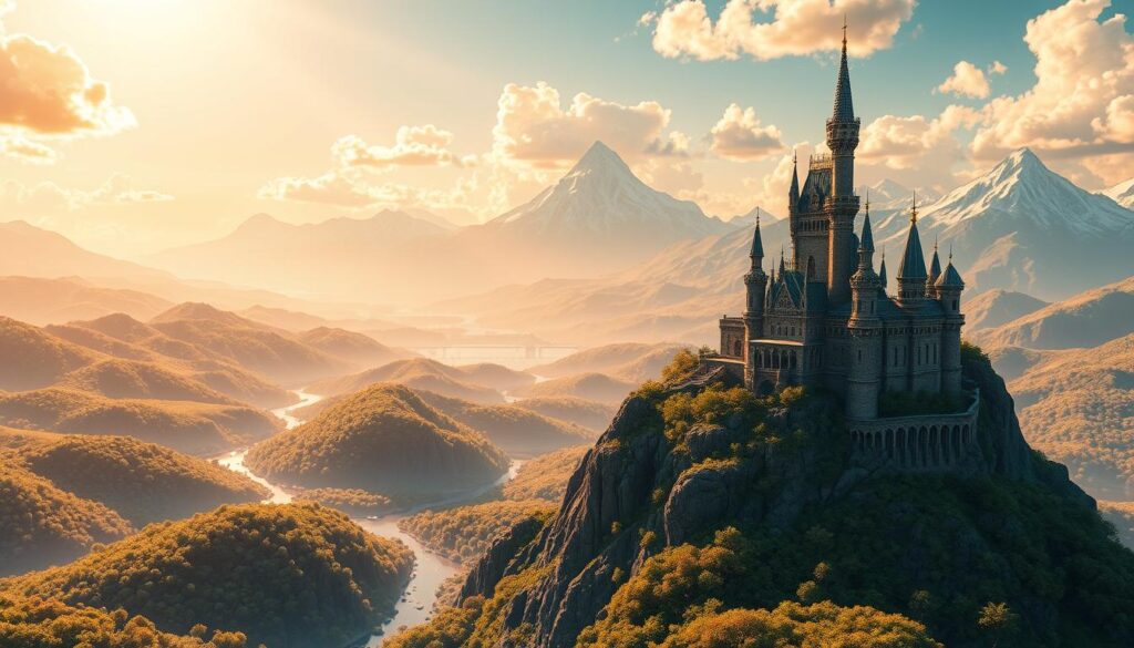 A vast, immersive 3D landscape of the Illuvium metaverse. In the foreground, a towering, ornate castle stands on a rocky outcrop, its spires and battlements etched against a vibrant, ethereal sky. Flanking the castle, rolling hills covered in lush, shimmering vegetation stretch into the distance, interspersed with glimmering rivers and lakes. Looming in the background, majestic mountains rise up, their peaks capped with pristine snow. Rays of warm, golden light filter through wispy clouds, casting a serene, dreamlike atmosphere over the entire scene. The world of Illuvium, a captivating fusion of high-fantasy RPG and decentralized finance, brought to life in vivid, photorealistic detail. A vast, immersive 3D landscape of the Illuvium metaverse. In the foreground, a towering, ornate castle stands on a rocky outcrop, its spires and battlements etched against a vibrant, ethereal sky. Flanking the castle, rolling hills covered in lush, shimmering vegetation stretch into the distance, interspersed with glimmering rivers and lakes. Looming in the background, majestic mountains rise up, their peaks capped with pristine snow. Rays of warm, golden light filter through wispy clouds, casting a serene, dreamlike atmosphere over the entire scene. The world of Illuvium, a captivating fusion of high-fantasy RPG and decentralized finance, brought to life in vivid, photorealistic detail.