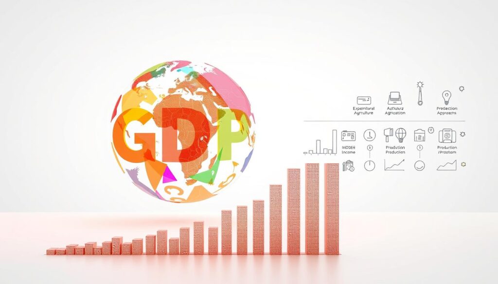 A vibrant, realistic illustration of "Produto Interno Bruto" (GDP) that captures its complex, multifaceted nature. Set against a clean, minimalist background, the main focal point is a three-dimensional, semi-transparent globe made of various geometric shapes and patterns, representing the different components that contribute to a nation's GDP - industry, agriculture, services, and more. The globe is illuminated from within, creating a sense of depth and emphasizing the interconnectedness of these elements. In the foreground, a detailed bar chart or line graph depicts GDP growth over time, while in the background, a series of smaller icons or symbols illustrate the methods used to calculate GDP, such as expenditure, income, and production approaches. The overall composition conveys a sense of balance, clarity, and the complexity inherent in understanding and interpreting this important economic indicator. A vibrant, realistic illustration of "Produto Interno Bruto" (GDP) that captures its complex, multifaceted nature. Set against a clean, minimalist background, the main focal point is a three-dimensional, semi-transparent globe made of various geometric shapes and patterns, representing the different components that contribute to a nation's GDP - industry, agriculture, services, and more. The globe is illuminated from within, creating a sense of depth and emphasizing the interconnectedness of these elements. In the foreground, a detailed bar chart or line graph depicts GDP growth over time, while in the background, a series of smaller icons or symbols illustrate the methods used to calculate GDP, such as expenditure, income, and production approaches. The overall composition conveys a sense of balance, clarity, and the complexity inherent in understanding and interpreting this important economic indicator.