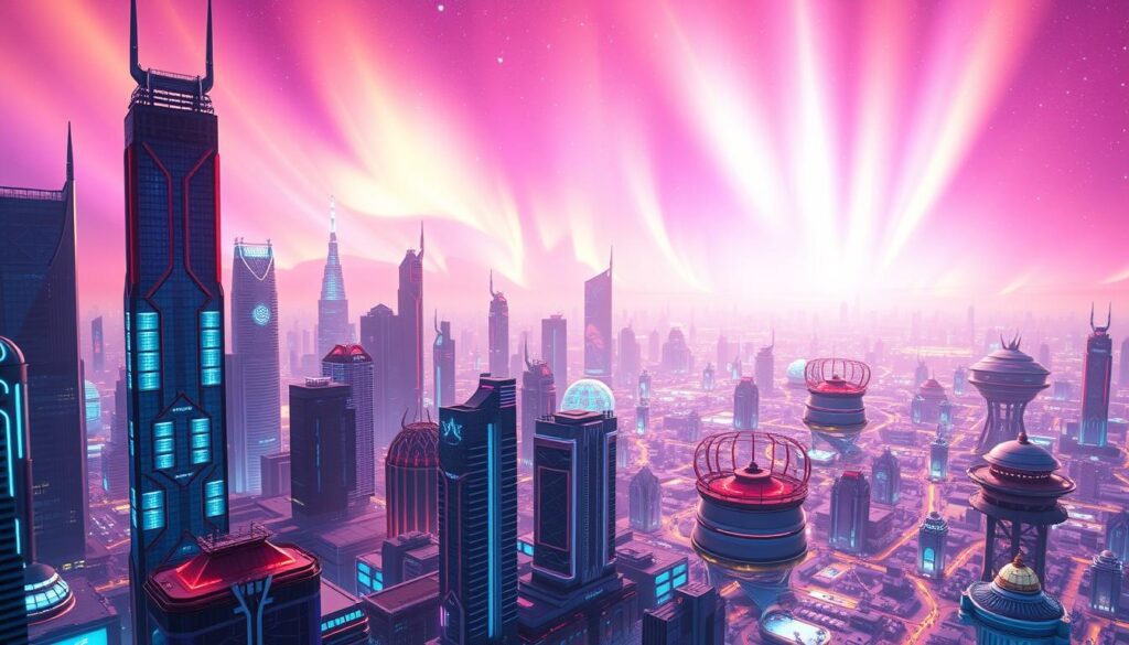 A visually striking, cinematic depiction of the metaverse, set against a vibrant, futuristic backdrop. In the foreground, a gleaming, geometric cityscape with towering skyscrapers and holographic displays. In the middle ground, a vast, interconnected network of virtual worlds, each with its own distinct architecture and environment. In the background, a shimmering, aurora-like sky, hinting at the boundless possibilities of this digital realm. The overall scene conveys a sense of awe, innovation, and endless potential, perfectly capturing the essence of the metaverse. Lighting is dramatic, with bold contrasts and a neon-infused color palette. The camera angle is slightly elevated, offering a sweeping, panoramic view of this immersive, futuristic landscape. A visually striking, cinematic depiction of the metaverse, set against a vibrant, futuristic backdrop. In the foreground, a gleaming, geometric cityscape with towering skyscrapers and holographic displays. In the middle ground, a vast, interconnected network of virtual worlds, each with its own distinct architecture and environment. In the background, a shimmering, aurora-like sky, hinting at the boundless possibilities of this digital realm. The overall scene conveys a sense of awe, innovation, and endless potential, perfectly capturing the essence of the metaverse. Lighting is dramatic, with bold contrasts and a neon-infused color palette. The camera angle is slightly elevated, offering a sweeping, panoramic view of this immersive, futuristic landscape.