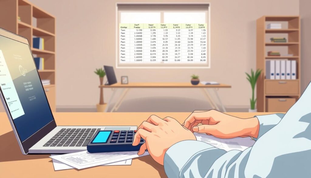 A well-lit, detailed digital illustration of a person calculating taxes on a laptop computer. The foreground shows the person's hands typing on the keyboard, with a calculator and documents on the desk in front of them. The middle ground features the laptop screen displaying financial data and calculations. The background has a minimalist, office-like setting with shelves, a window, and neutral-toned walls. The scene conveys a sense of focused concentration and diligence in the process of accurately calculating DARF for day trading activities.
