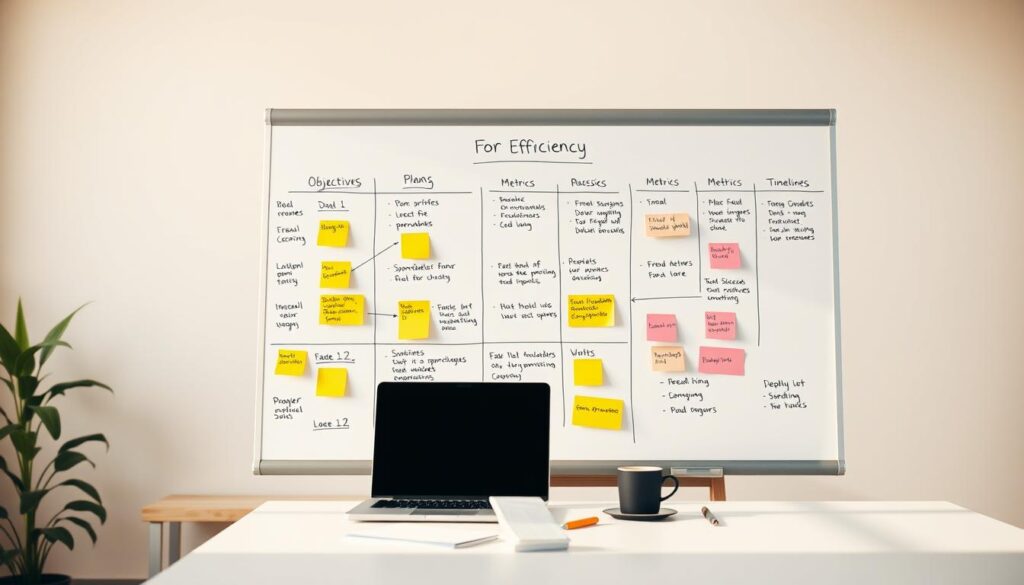 A blueprint of an action plan for efficiency, showcasing a well-organized workflow with key objectives, metrics, and timelines. The scene depicts a minimalist office setting with a clean, modern aesthetic. In the foreground, a large whiteboard displays a neatly structured plan, with colorful sticky notes and markers used to highlight important details. The middle ground features a laptop, a cup of coffee, and a plant, creating a sense of a productive, yet thoughtful work environment. The background is softly blurred, emphasizing the focus on the action plan. The lighting is warm and natural, evoking a sense of clarity and determination. The overall mood is one of strategic planning and disciplined execution.