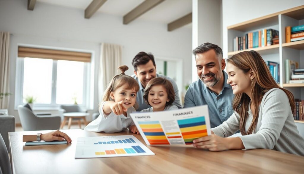 Uma cena alegre e alegre de uma família reunida ao redor de uma mesa, discutindo finanças de forma envolvente e educativa. Em primeiro plano, uma criança pequena aponta entusiasticamente para um gráfico colorido, enquanto pais e irmãos mais velhos ouvem atentamente. O meio do caminho apresenta um interior moderno e bem iluminado, com linhas limpas e luz natural filtrando por grandes janelas. Ao fundo, uma estante cheia de guias de finanças pessoais e materiais educacionais, transmitindo um senso de conhecimento e compreensão. O ambiente geral é de inclusão, colaboração e compromisso compartilhado com o desenvolvimento da educação financeira.