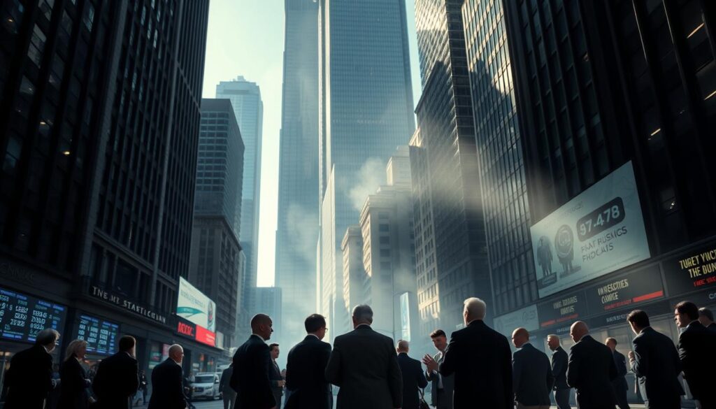 A bustling financial district, skyscrapers casting long shadows over the streets below. In the foreground, a group of suited individuals engaged in animated discussion, their body language suggesting a heated debate. The lighting is crisp, accentuating the tension in the scene. In the middle ground, a series of stock tickers and financial data displays flashing rapid updates, underlining the high-stakes nature of the interactions. The background is hazy, almost dreamlike, with a sense of unease and uncertainty permeating the atmosphere. The mood is one of conflicting interests, power struggles, and the potential for personal gain clashing with the greater good of the market.