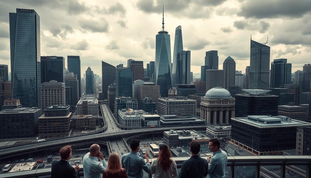 A complex cityscape with skyscrapers, bridges, and bustling streets. In the foreground, a group of people engaged in discussions, gesturing animatedly, representing the challenges of implementation. In the middle ground, a blend of modern and traditional architecture, symbolizing the interplay of new and old approaches. The background features a cloudy, moody sky, conveying the sense of uncertainty and obstacles that must be navigated. The lighting is dramatic, with shadows and highlights accentuating the architectural details and the interactions of the people. The overall atmosphere is one of contemplation, problem-solving, and the quest for effective solutions.