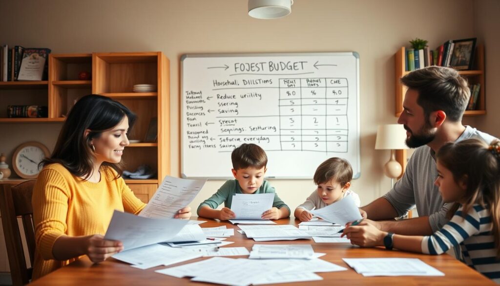 A cozy kitchen with warm, natural lighting, showcasing a family sitting around a wooden table. In the foreground, a woman is reviewing household bills and budgets, while her husband and two children suggest practical ways to cut expenses, such as reducing utility usage, meal planning, and finding deals on everyday items. The middle ground depicts a whiteboard displaying a detailed budget breakdown, with arrows pointing to areas where savings can be made. In the background, a bookshelf holds financial management books and a small potted plant, creating a sense of organized and purposeful living. The overall mood is one of collaboration, problem-solving, and a commitment to sustainable financial wellbeing.