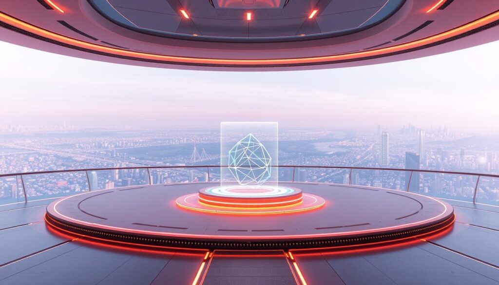 A futuristic platform that showcases the power of Render Network, a decentralized network for rendering high-quality 3D graphics and visuals. Sleek and minimalist in design, the platform features a central stage with a holographic display, surrounded by a series of GPU nodes that power the rendering process. The platform is bathed in a warm, ambient lighting, creating a sense of technological sophistication and innovation. In the background, a vast, expansive cityscape stretches out, hinting at the vast potential of the Render Network to transform industries like virtual reality, augmented reality, and visual effects. The overall atmosphere conveys a sense of progress, efficiency, and the seamless integration of cutting-edge technology.