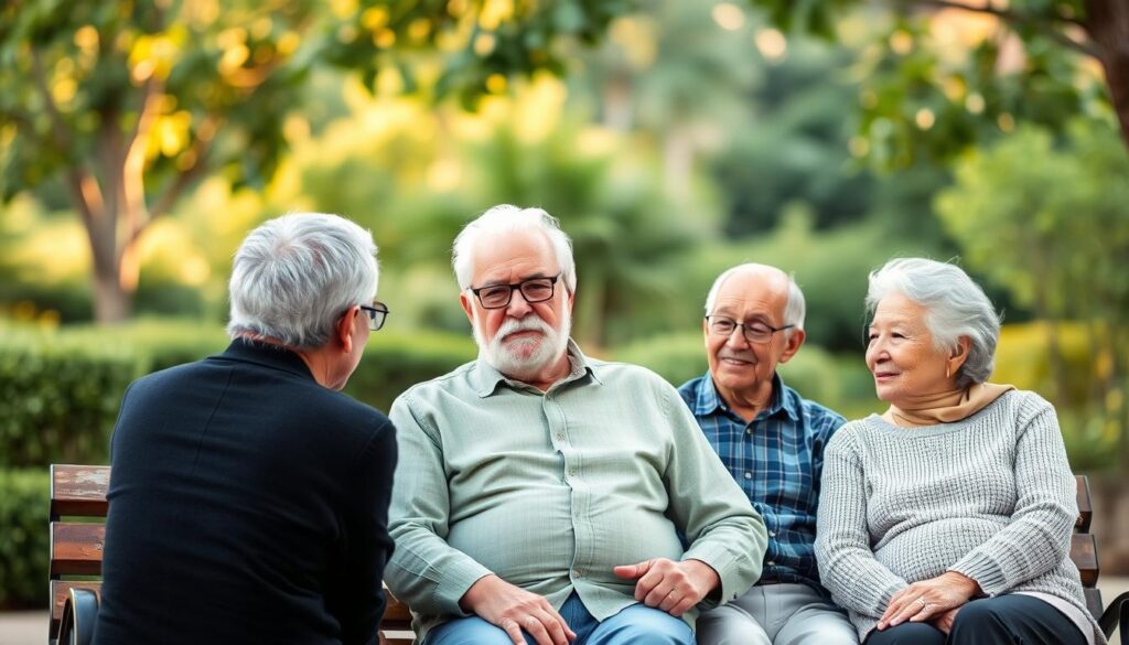 A group of retired pensioners sitting on a park bench, engaged in thoughtful conversation. The foreground depicts the older adults, their faces weathered yet serene, their bodies relaxed as they discuss their financial strategies for the future. The middle ground showcases a verdant landscape, with trees and shrubs providing a natural backdrop, conveying a sense of tranquility. The background is softly lit, with a warm, golden glow that creates an inviting, peaceful atmosphere. The scene is captured with a wide-angle lens, emphasizing the harmony and camaraderie among the pensioners as they consider practical ways to invest their 13th-month pay and secure a more stable future.