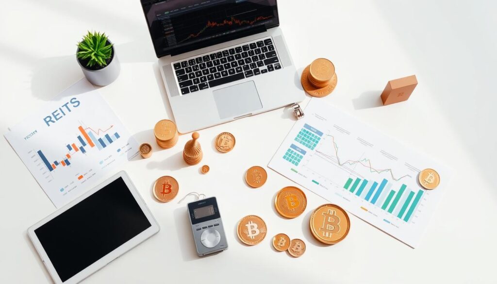 A high-quality portfolio diversification image showcasing a range of investment assets, including stocks, real estate investment trusts (REITs), and cryptocurrencies. The scene depicts a clean, minimalist desk with a laptop, financial documents, and various investment icons arranged in a visually compelling layout. The lighting is soft and natural, creating a sense of clarity and professionalism. The overall composition emphasizes the balance and harmony of a well-diversified investment strategy, reflecting the article's focus on "Alocação de ativos vs diversificação: diferenças práticas que mudam seu portfólio".