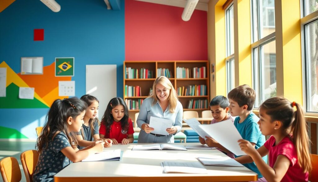 A modern, airy classroom interior with vibrant colors and geometric patterns on the walls. At the center, a diverse group of Brazilian students, ages 10-15, engaged in a hands-on financial literacy lesson. The teacher, a warm, approachable figure, guides them through interactive exercises on budgeting, saving, and investing. Natural sunlight streams in through large windows, casting a soft, hopeful glow. The atmosphere is one of discovery and empowerment, as the students learn crucial life skills for their financial future. In the background, a bookshelf filled with personal finance resources, conveying the importance of this educational initiative.