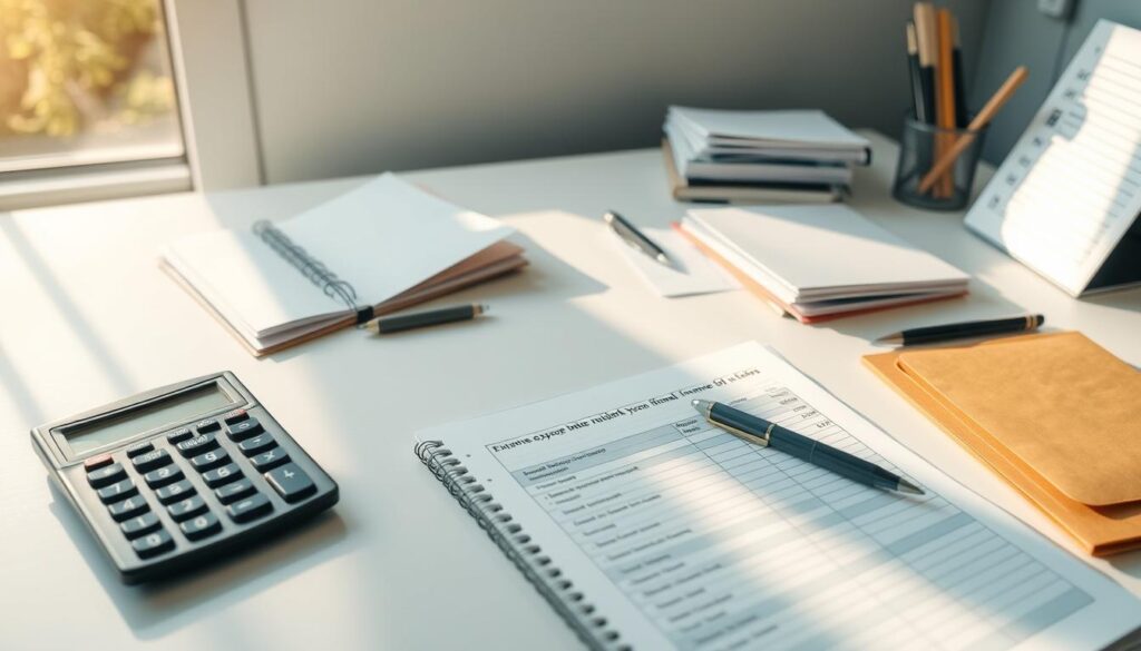 A neatly organized desk with various financial documents, envelopes, and stationery items. Sunlight streams in from a nearby window, casting a warm, productive glow over the scene. The surface is clean and uncluttered, allowing the viewer to focus on the task at hand - categorizing expenses and income to gain financial clarity. A calculator, pen, and a meticulously labeled expense ledger are prominently displayed, symbolizing the act of organizing and analyzing one's financial habits. The overall atmosphere is one of focus, control, and a sense of empowerment over one's financial future.
