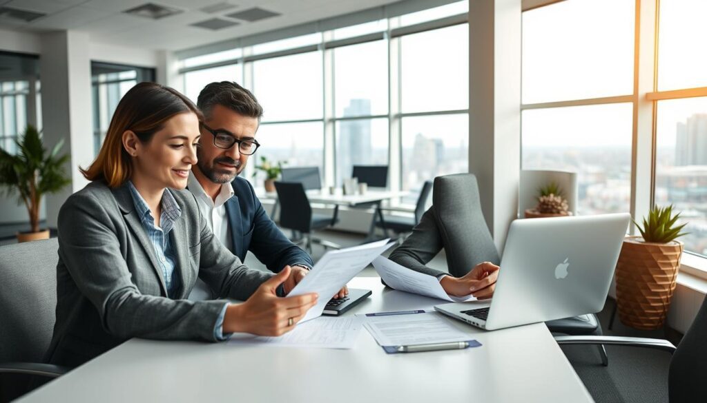 A professional, well-lit office environment with a clean, modern aesthetic. In the foreground, two business partners engaged in an online negotiation, expressions focused and determined as they review documents on their laptop screens. The middle ground features ergonomic office furniture and decor, conveying a sense of trust and collaboration. In the background, large windows offer a serene cityscape, suggesting a sense of progress and optimism. The lighting is soft and even, complementing the neutral color palette and highlighting the faces of the partners. The overall mood is one of productive, transparent negotiation between trusted parties.