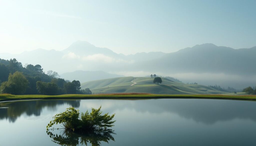A serene and minimalist landscape depicting liquid and illiquid investments. In the foreground, a tranquil pond reflects the sky and surrounding foliage, representing liquid assets like cash and stocks. In the middle ground, a path winds through rolling hills, symbolizing the journey of alternative investments. The background features towering mountains shrouded in mist, hinting at the complexity and illiquidity of more sophisticated financial instruments. The lighting is soft and diffused, creating a contemplative atmosphere. The overall composition conveys the balance and interplay between the different asset classes in a diversified investment portfolio.